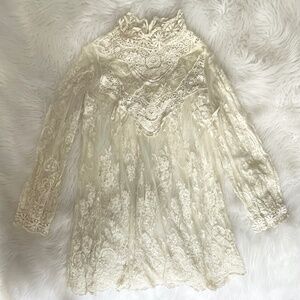 Victorian cream lace vintage high neck mini dress